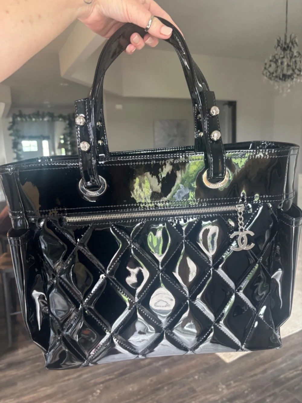 Chanel Medium CoCo Ming Black Quilted Patent Tote Silver HW 13 series